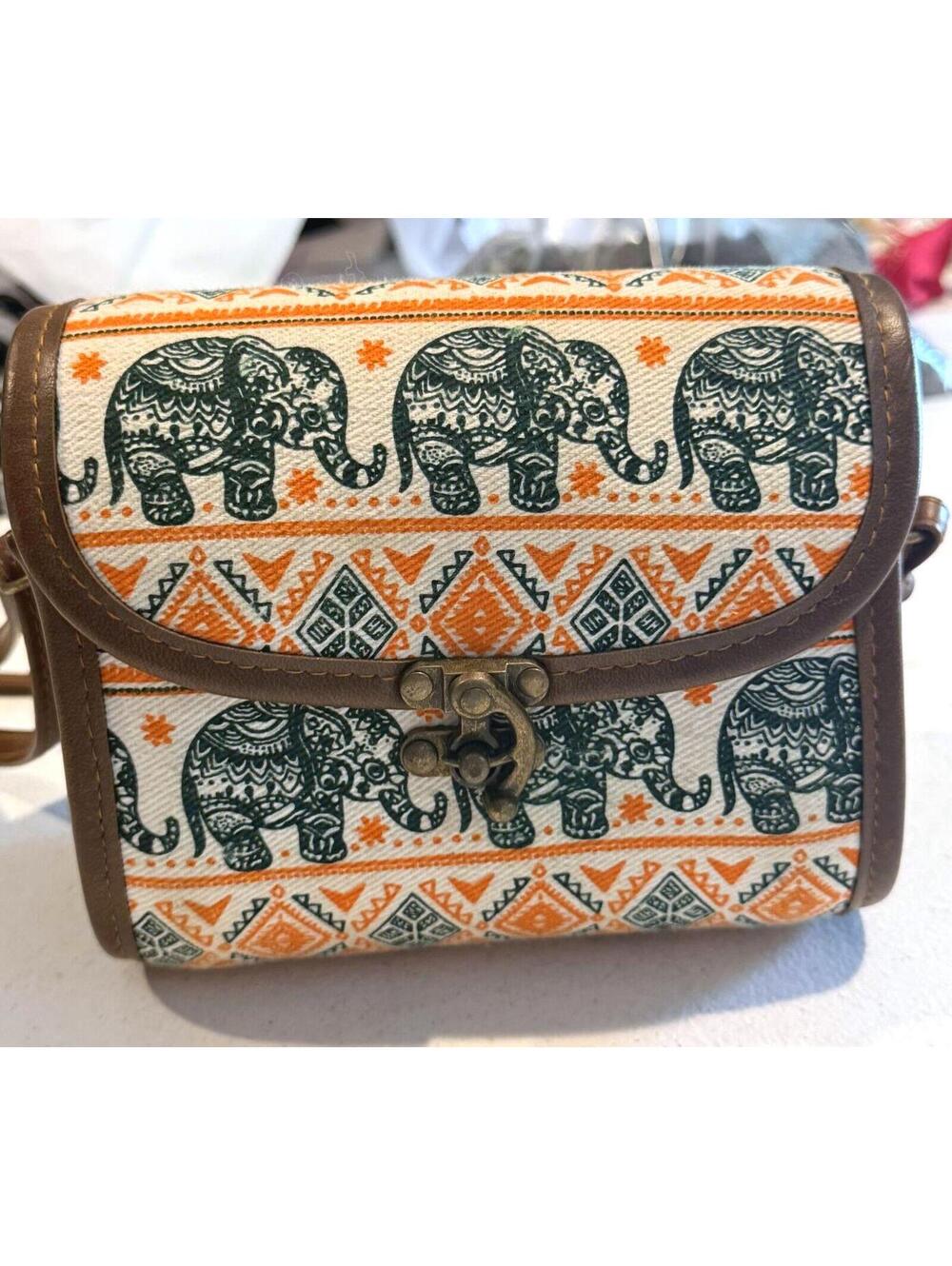Small Handmade Canvas PU Leather Thailand Elephant Pattern Crossbody